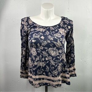Blu Pepper Blue Floral Boho Long Sleeve Top S